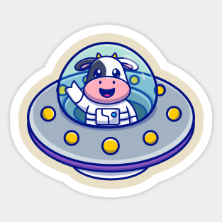 Cute Cow Astronaut in UFO Cartoon Sticker